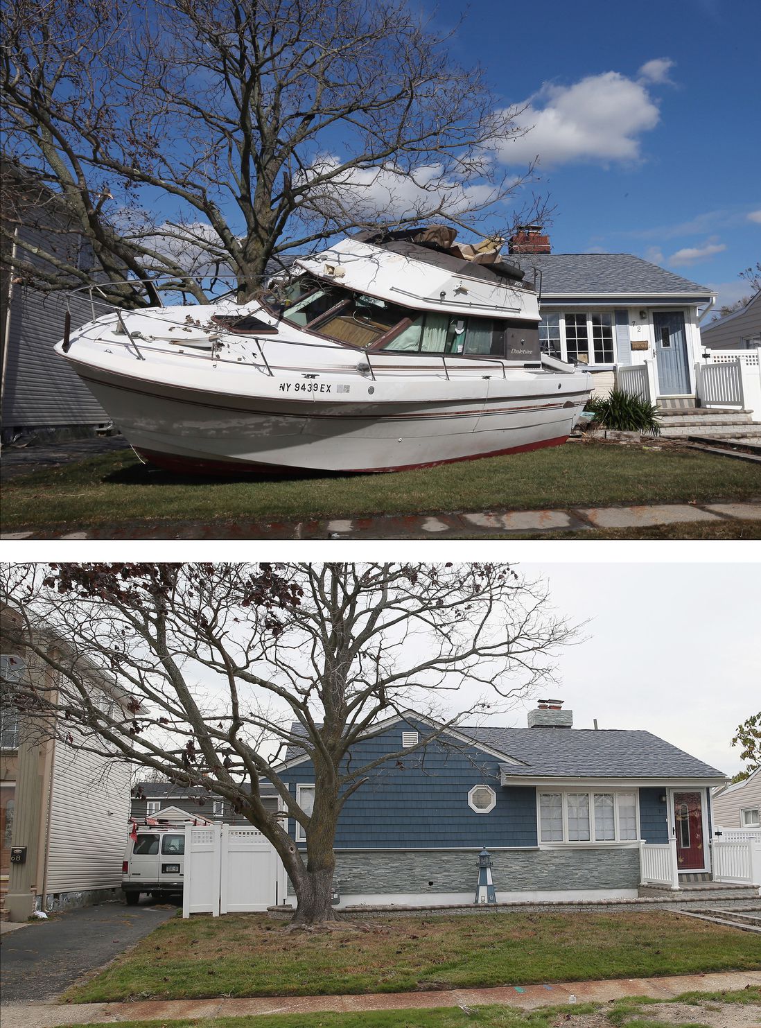 [Top] In the aftermath of Hurricane Sandy, boats continue to litter the landscape on Grant Street on November 2, 2012 in Freeport, New York. [Bottom] A home that had sustained damage during Superstorm Sandy sits on Grant Street on October 22, 2013 in Freeport, New York.